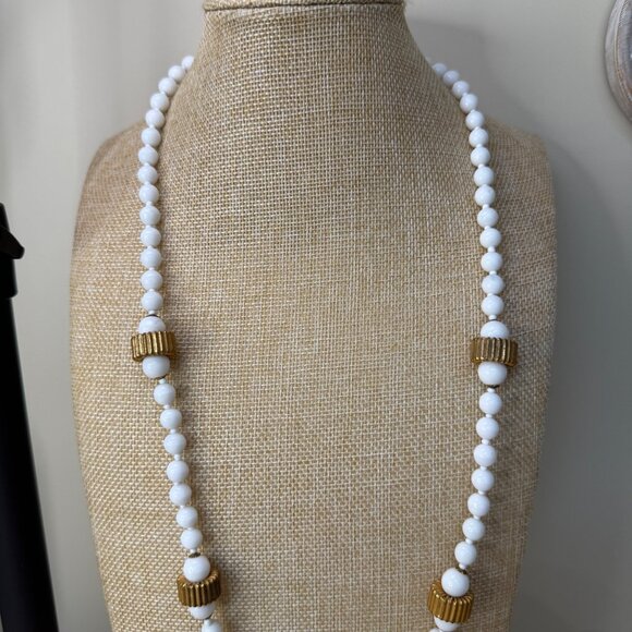 Miriam Haskell Vintage Milk Glass Bead Necklace With Gold-Tone Accents - Picture 5 of 16